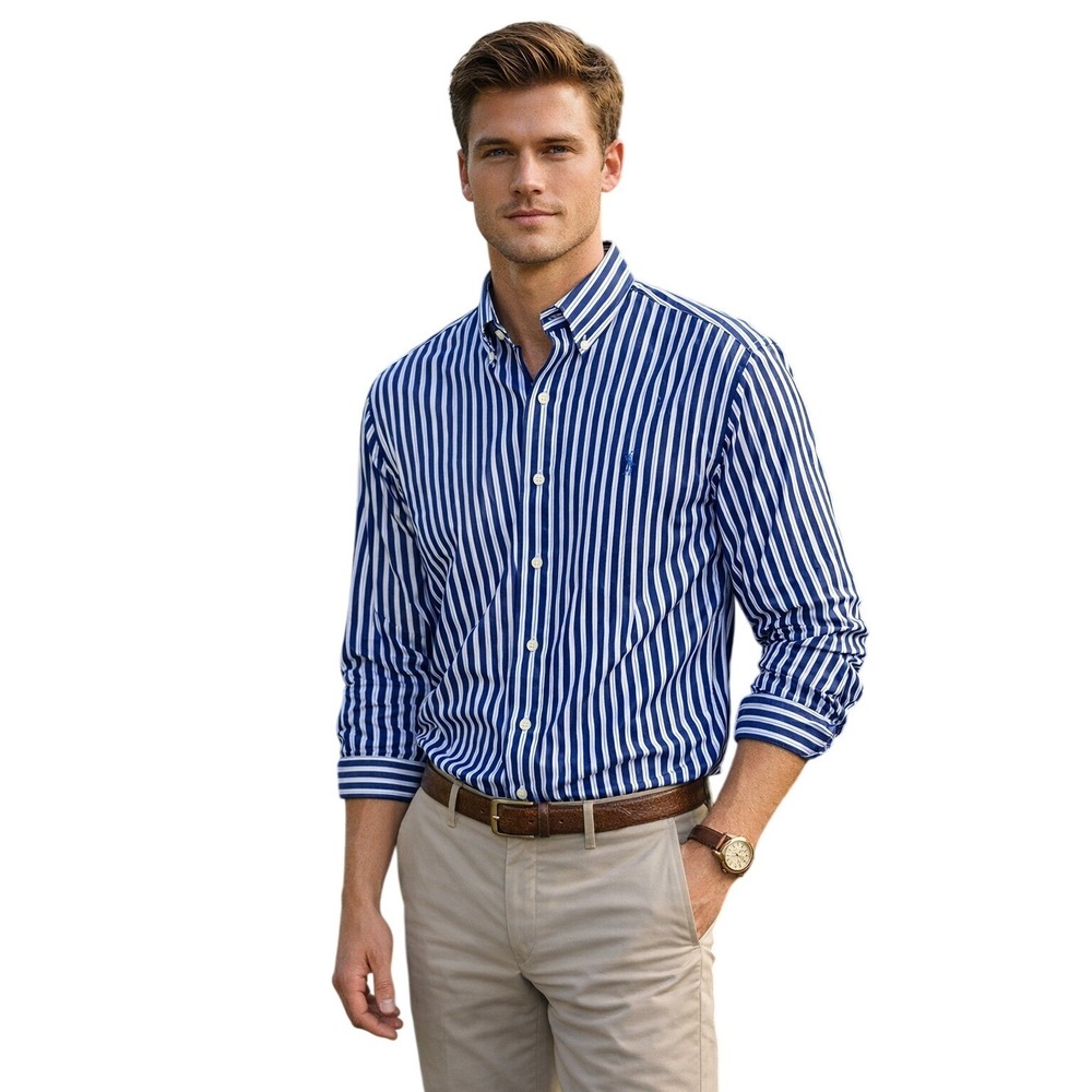 Ralph Lauren Mens Classic‎ Striped Button Down Shirt Navy White Blue Pony XXL